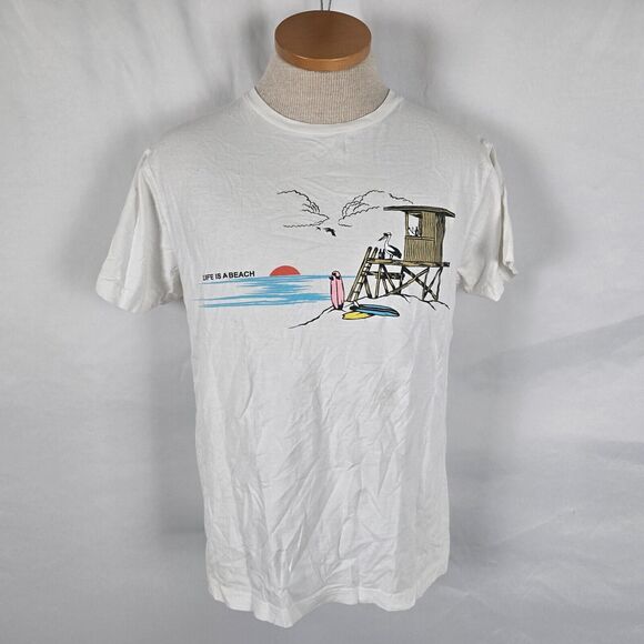 Eldon T-Shirt Men's Size Medium White Life is a Beach Graphic Tee Short Sleeve - Picture 1 of 9